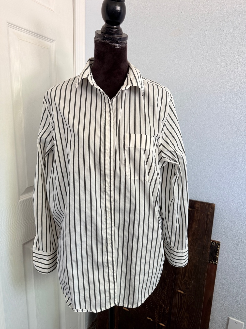 White Shirt with Black Vertical Stripes - Classic Button-Up